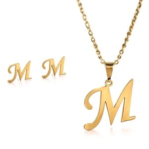 Gold Tone Stainless Steel Monogram Letter "M" Earring And Necklace Set